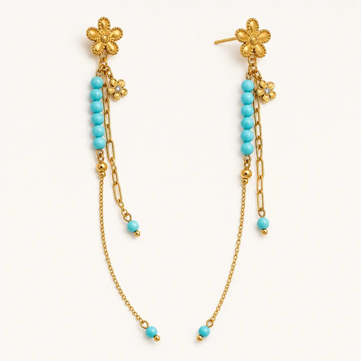 Turquoise Bloom Drop Earrings, pair on white, full-length view – anti-tarnish drop earrings for daily wear
