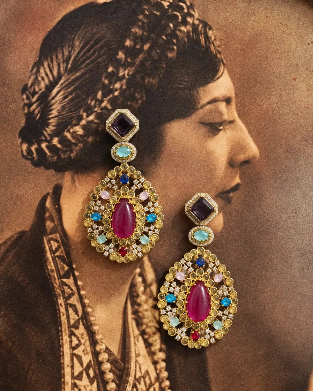 Navrang Vintage Cabochon Heritage Drop Earrings
