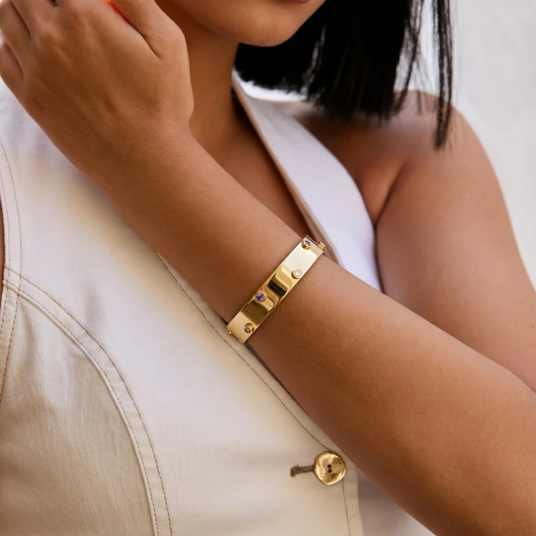 Wide Crystal Bangle worn on the wrist with a white top – anti-tarnish bangle for daily wear