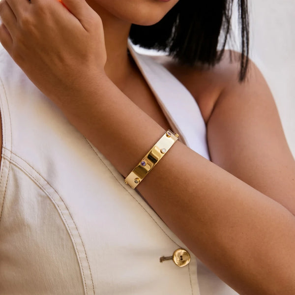 Wide Crystal Bangle worn on the wrist with a white top – anti-tarnish bangle for daily wear