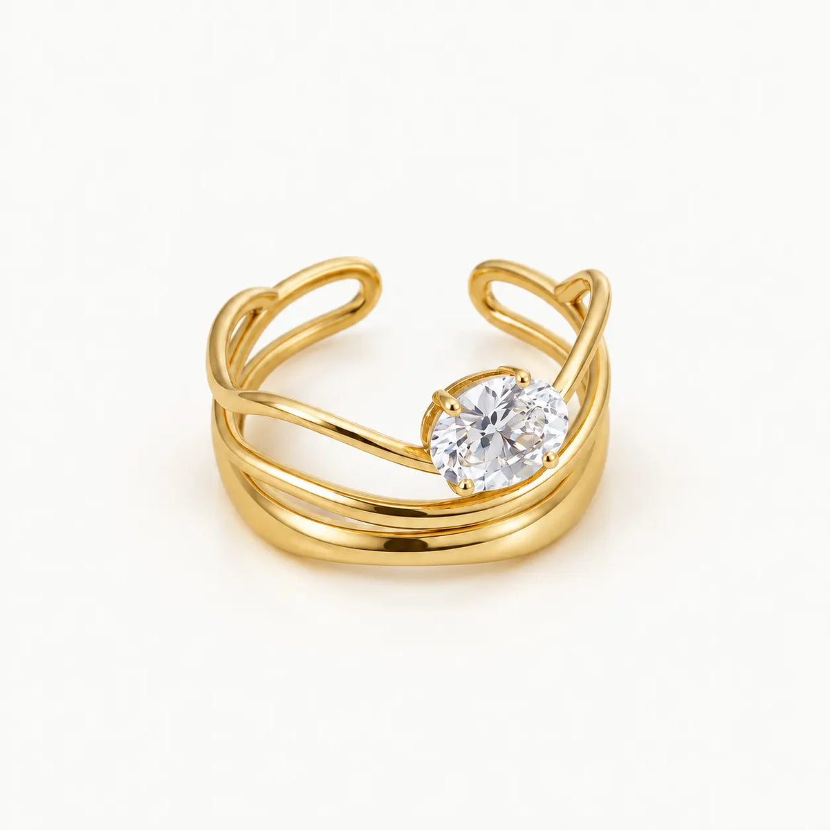 Woven Heart Solitaire Ring – waterproof solitaire ring for women, wire heart loops around an oval crystal, anti-tarnish 18K gold PVD | Priskel Jewellery